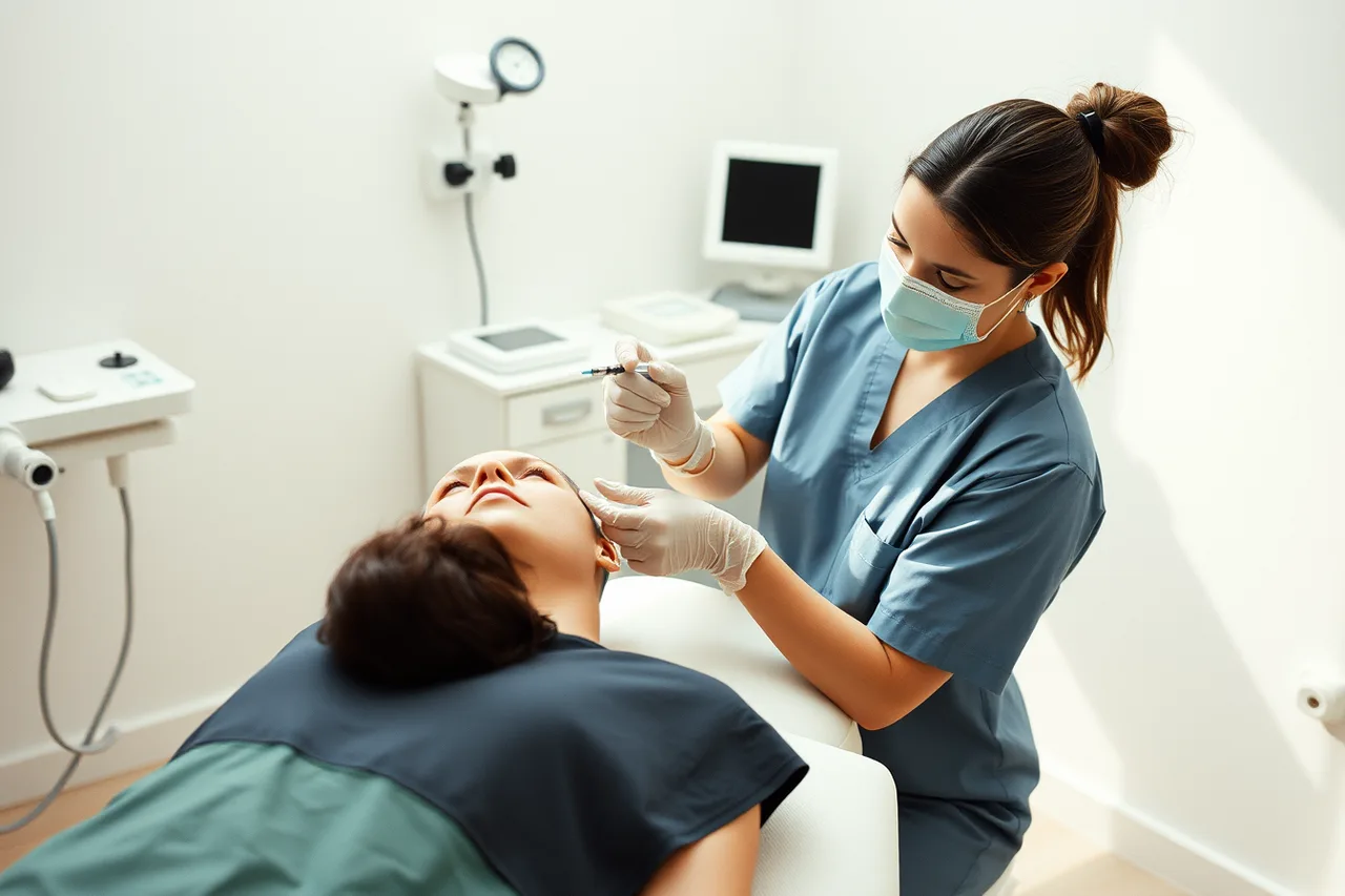 Injector administering a facial injectable to a reclining patient (Charging properly for med spa services, explained)