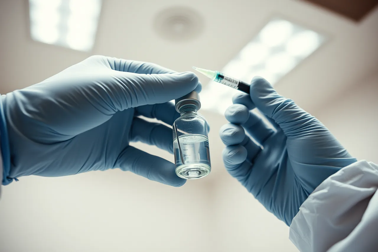 Gloved hands drawing botulinum toxin from a vial into a syringe (Med spa pricing math across the US, from vial yield to waste)