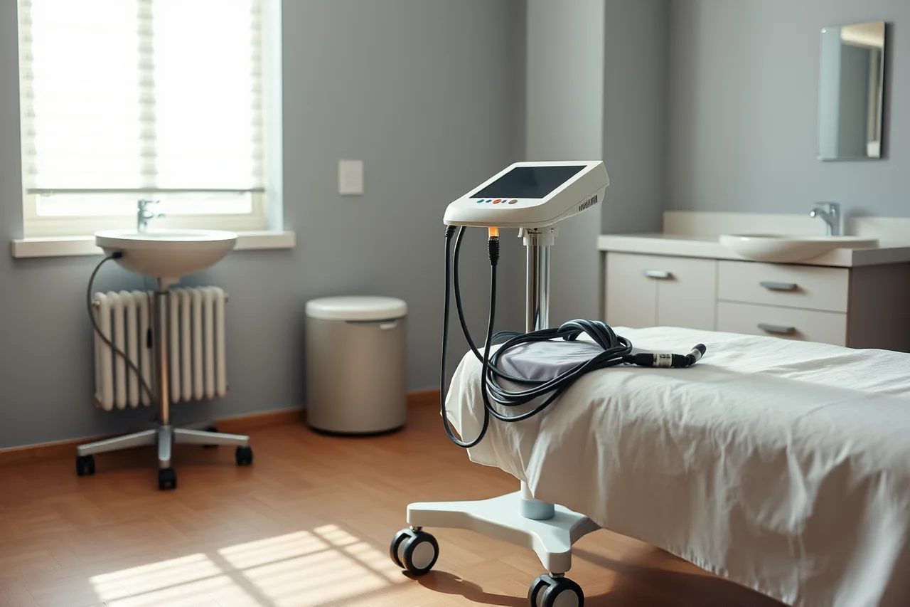 Laser platform beside treatment bed in a med spa room (4 US states with certificate-of-need or facility fee rules for med spas)
